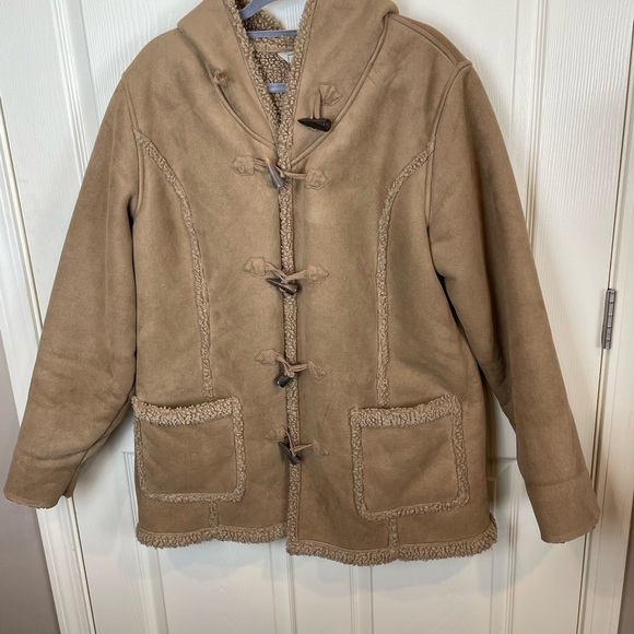 LL Bean Faux Suede Hooded Tan Toggle Chore Coat with Faux Fur Trim - Picture 1 of 14